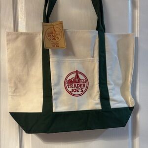Trader Joe's Cream and Forest Green Canvas Tote Bag